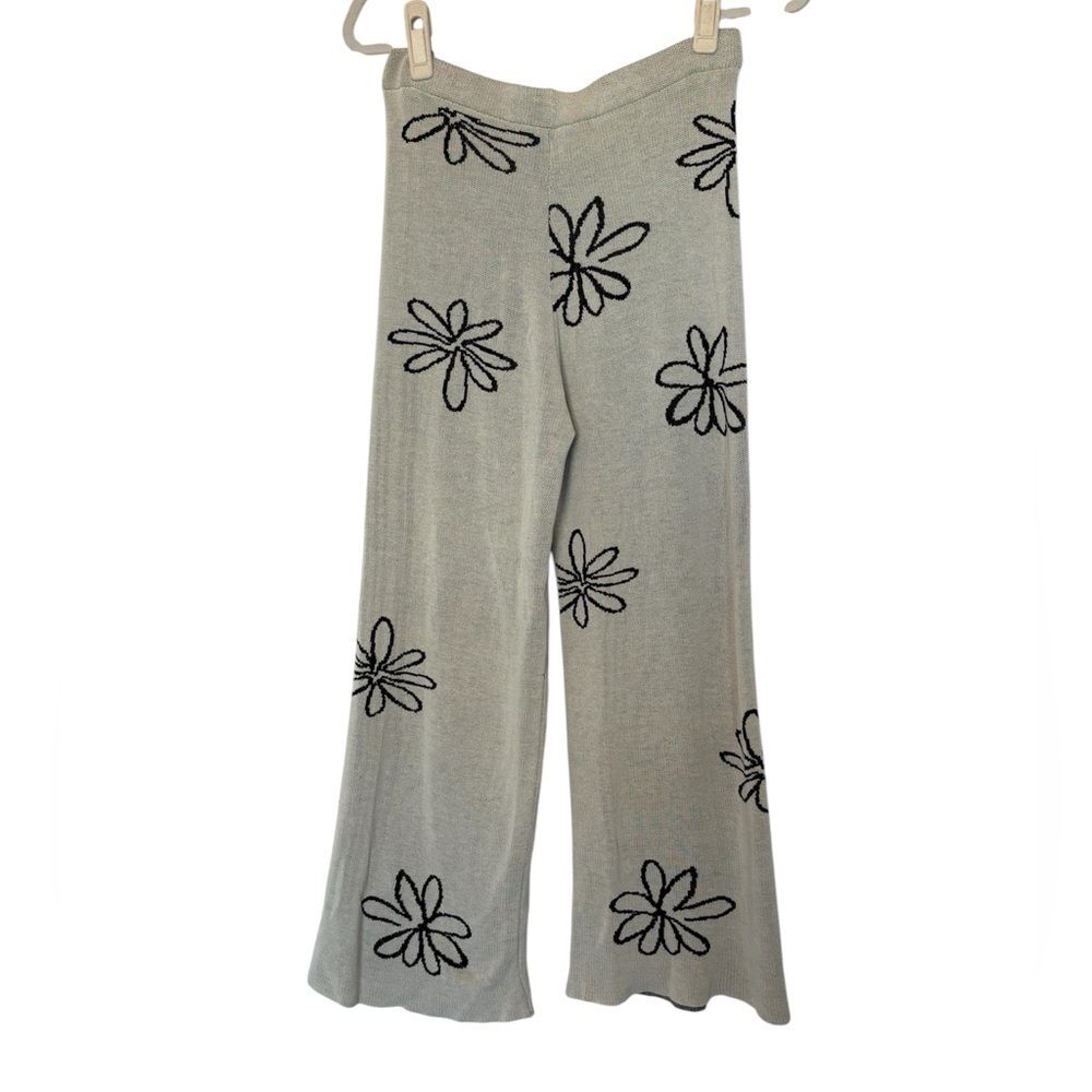 Retro Grey Knit Floral Flare Pants Stretchy Boho Wide Leg Trousers Size Small